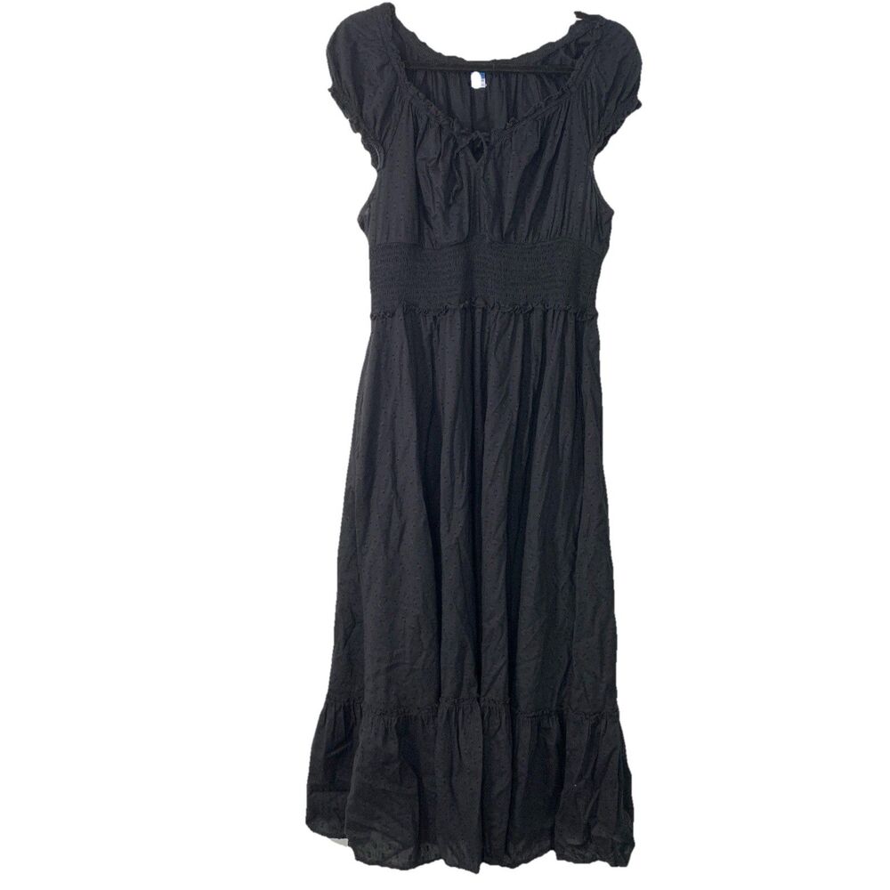Old Navy Womens Large Maxi Dress Tiered Swiss Dot Coquette Milkmaid Smock Black
